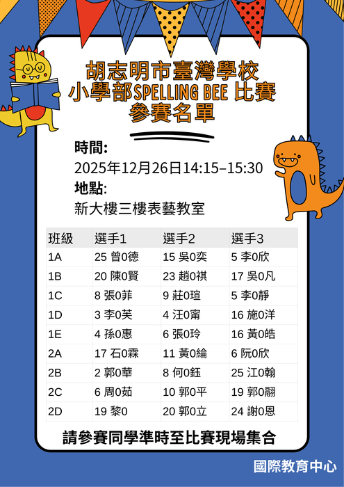 【國際教育中心】小學部G1、G2 Spelling Bee 比賽名單圖片