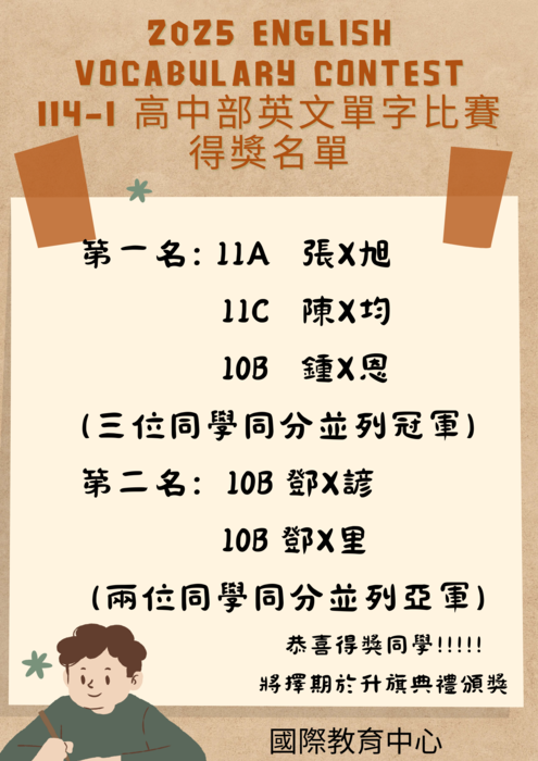 【國際教育中心】114-1 高中部英文單字比賽成績公告圖片